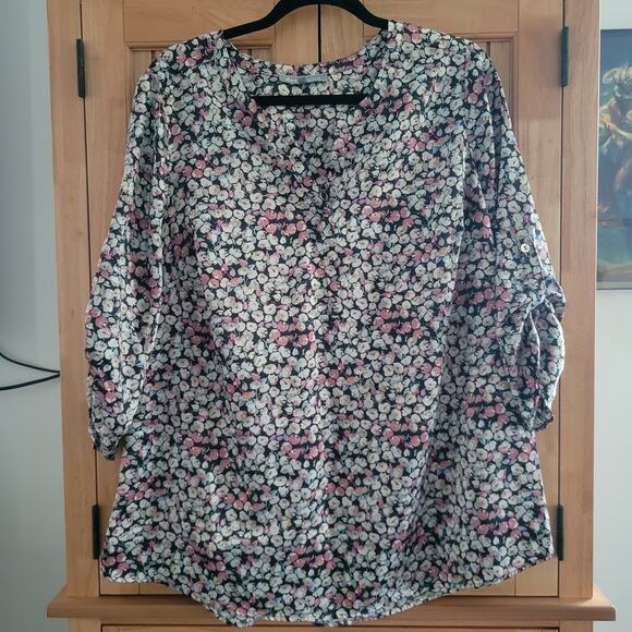 Daniel Rainn Floral Split Neck Tunic Blouse 1X – High Low Hem, Roll Tab Sleeves - Picture 5 of 12